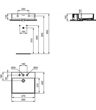 Lavabo da appoggio o sospeso Ideal Standard serie Extra tre fori