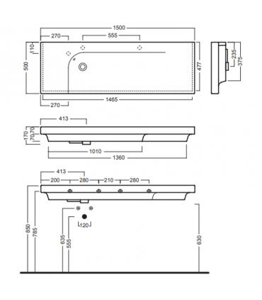 Wall hung washbasin 150 cm double hole collection Grandangle