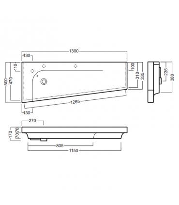 Lavabo sospeso 130 cm trapezoidale destro monoforo serie Grandangolo a