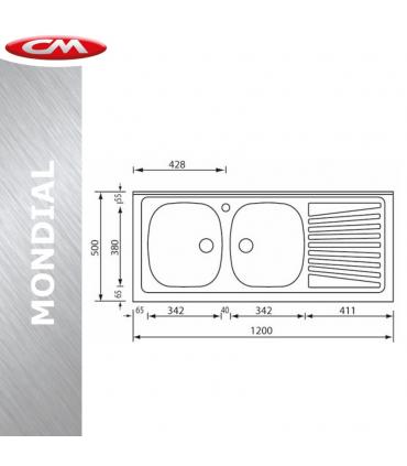 CM built-in stainless steel sink, 2 bowls, 86x50