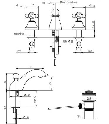 Rubinetto lavabo 3 fori Bellosta Romina 0305/C