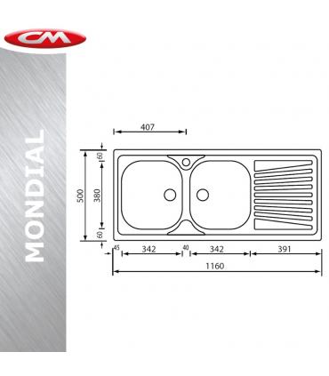 Sink stainless steel with 2 basins and draining board, CM collection Mondial