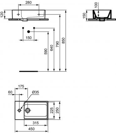 Ideal Standard Extra T3733 wall-hung washbasin 45 left single hole