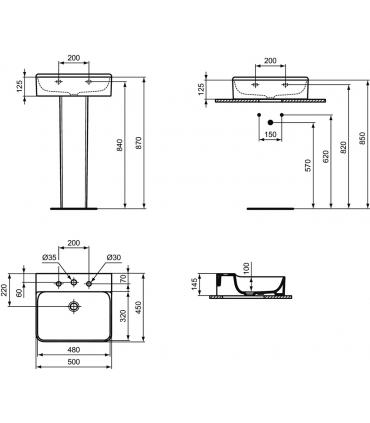 Lavabo tre fori senza troppopieno Ideal Standard Conca