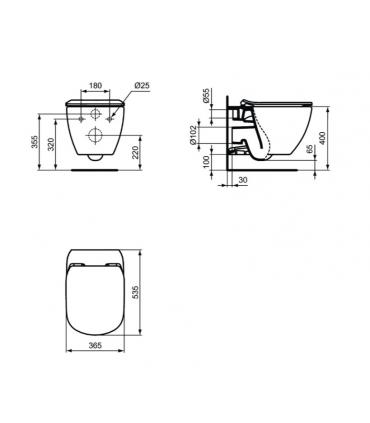 Toilet suspended Ideal Standard Tesi series, T3546 art ceramic white finish, Aquablade Technology (no rim). Including seat with