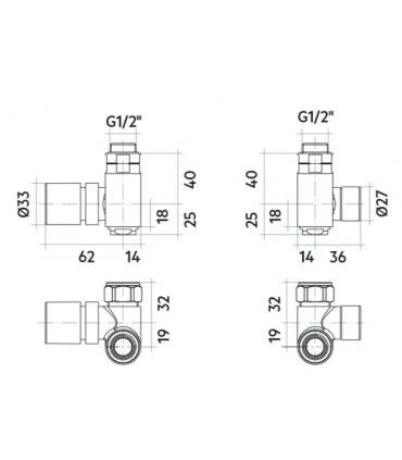 Kit with valve e Angled lockshield valve save-space thermostatic for mix functioning