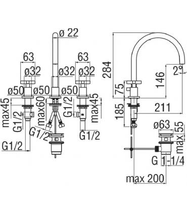 Faucet for washbasin  3 holes Nobili series  Lira a long mouth  with drain