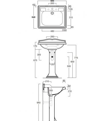 Simas arcade ar824 Washbasin 68cm prof.54cm wall hung with espalier.