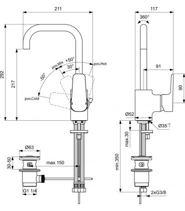 High basin mixer with Ideal Standard Ceraplan 3 drain