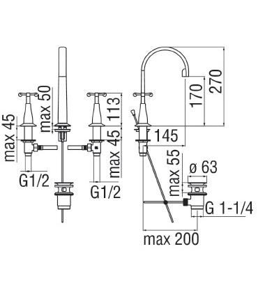 Batteria lavabo Nobili serie CARLOS PRIMERO a 3 fori  con aeratore