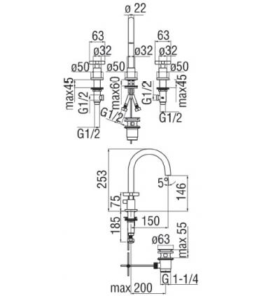 Faucet for washbasin  3 holes Nobili series  Lira with drain