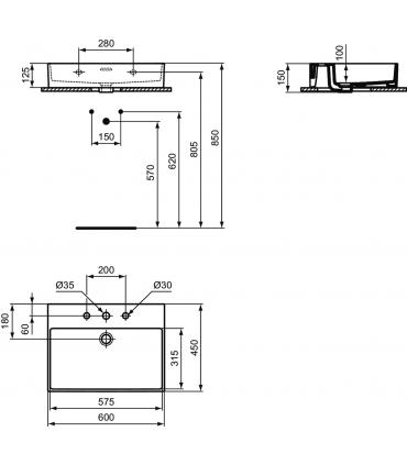Lavabo da appoggio o sospeso Ideal Standard serie Extra tre fori