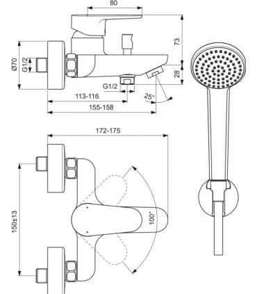 External bath mixer with Ideal Standard Cerafine O BC706 hand shower