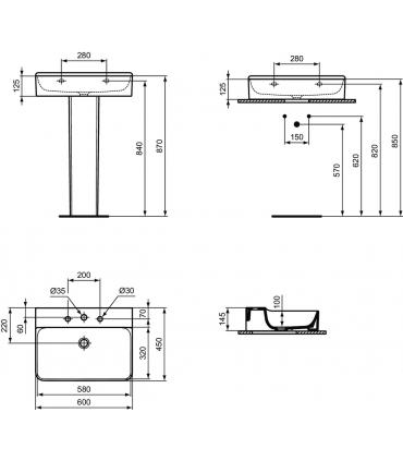 Lavabo tre fori senza troppopieno Ideal Standard Conca