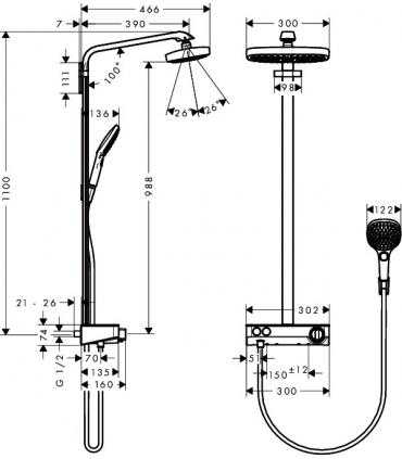 Colonnes douche externe Hansgrohe collection raIndance Select et 2 jets