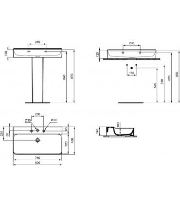 Lavabo tre fori senza troppopieno Ideal Standard Conca