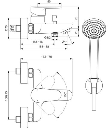 Mitigeur bain extérieur avec douchette Ideal Standard Cerafine O BC706