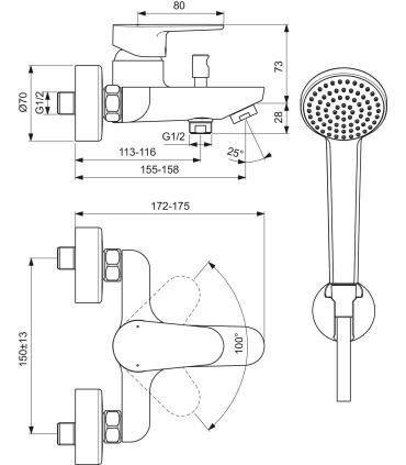 External bath mixer with Ideal Standard Cerafine O BC706 hand shower