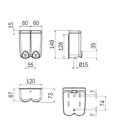 Soap dispenser INDA double wall mounted 12x7x15 i ABS transparent,AV112A