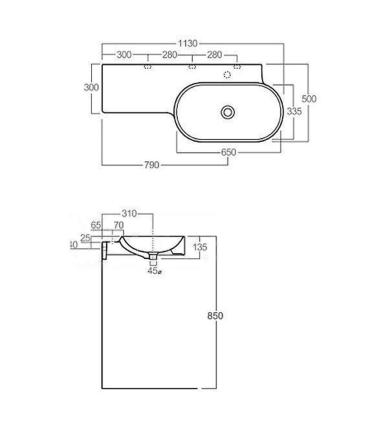 Lavabo a parete ovale con mensola di appoggio 115cm, Simas Flow