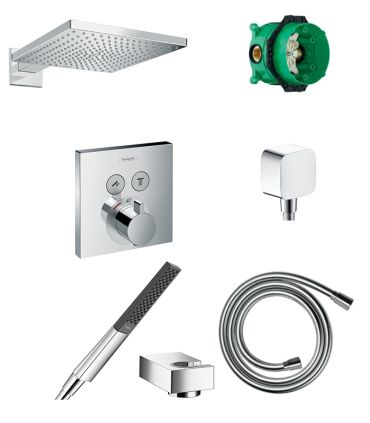 Set doccia Hansgrohe quadro composto da Soffione, braccio doccia, miscelatore termostatico e doccetta