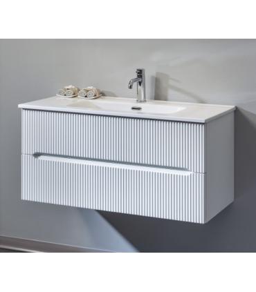 Armoire de salle de bain complète avec 2 tiroirs et lavabo avec dessus en céramique.