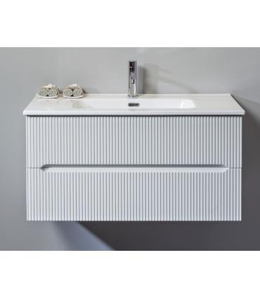 Armoire de salle de bain complète avec 2 tiroirs et lavabo avec dessus en céramique.