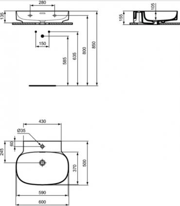 Ideal Standard Linda-X countertop or wall hung single hole washbasin