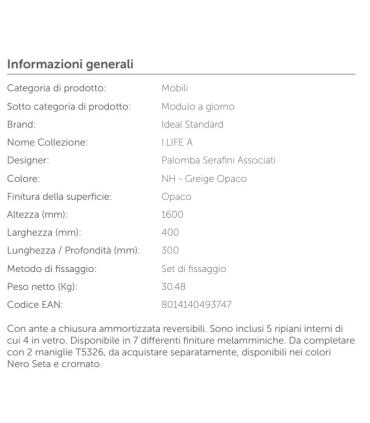 Ideal Standard I.Life A T5260 colonna sospesa H.160