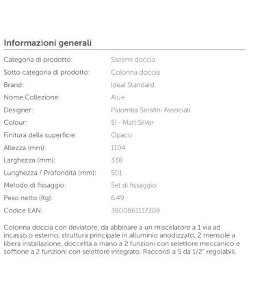 Colonne de douche complète avec inverseur Ideal Standard Alu+ Bd585 pour rénovation