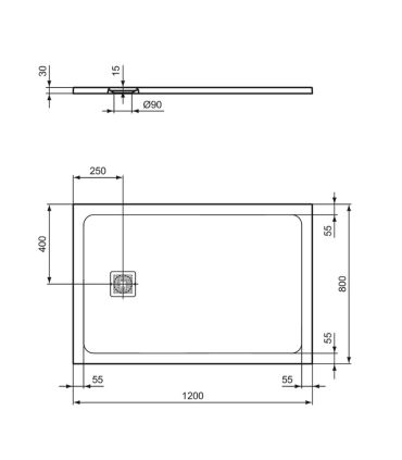 Piatto doccia Ideal Standard Ultra Flat S+ rettangolare con scarico lato corto