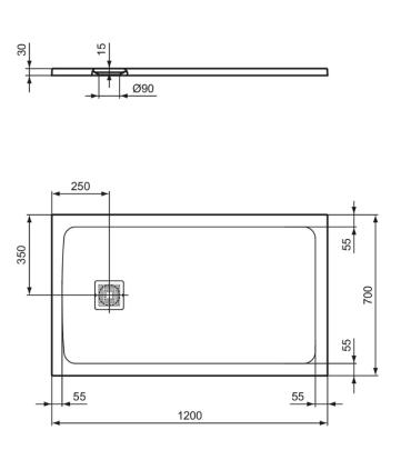 Piatto doccia Ideal Standard Ultra Flat S+ rettangolare con scarico lato corto
